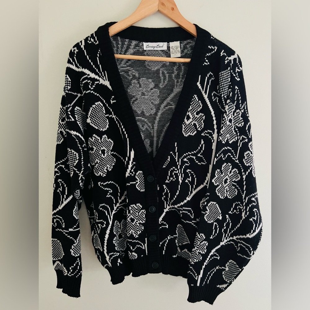 Vintage Black & White Floral Knit Cardigan Oversized 90s Grandpa Core L